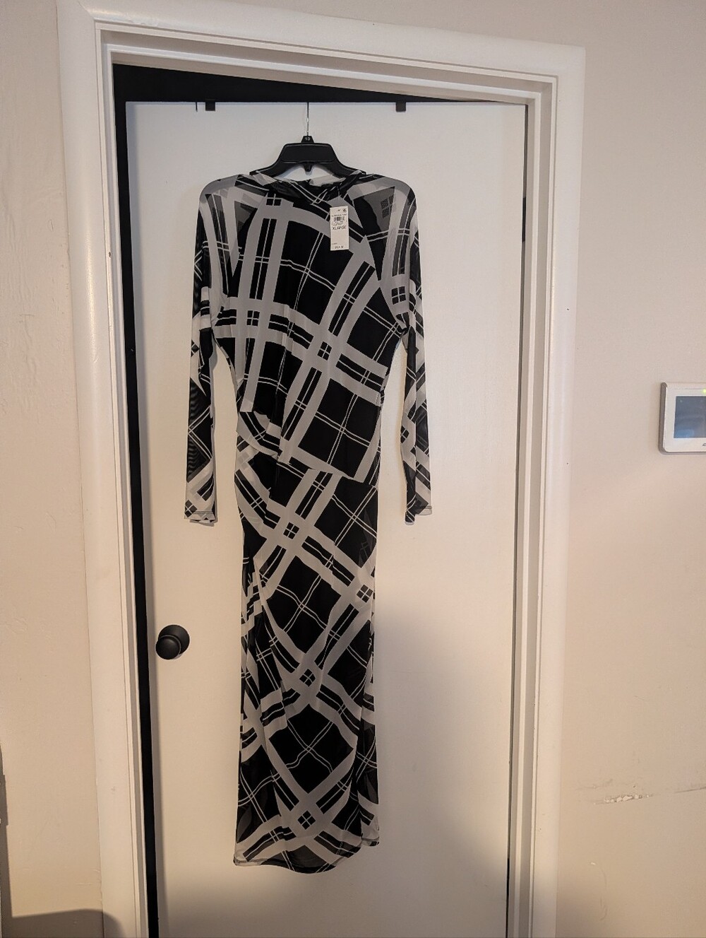Black and White Plaid Long-Sleeve Maxi Dress